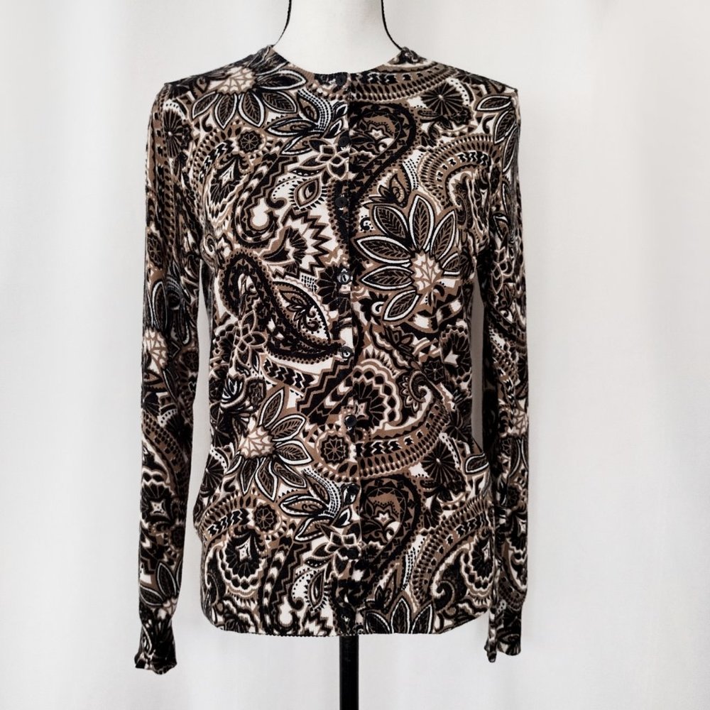 Carolyn Taylor Floral Paisley Print Fuzzy Light Cardigan Sweater